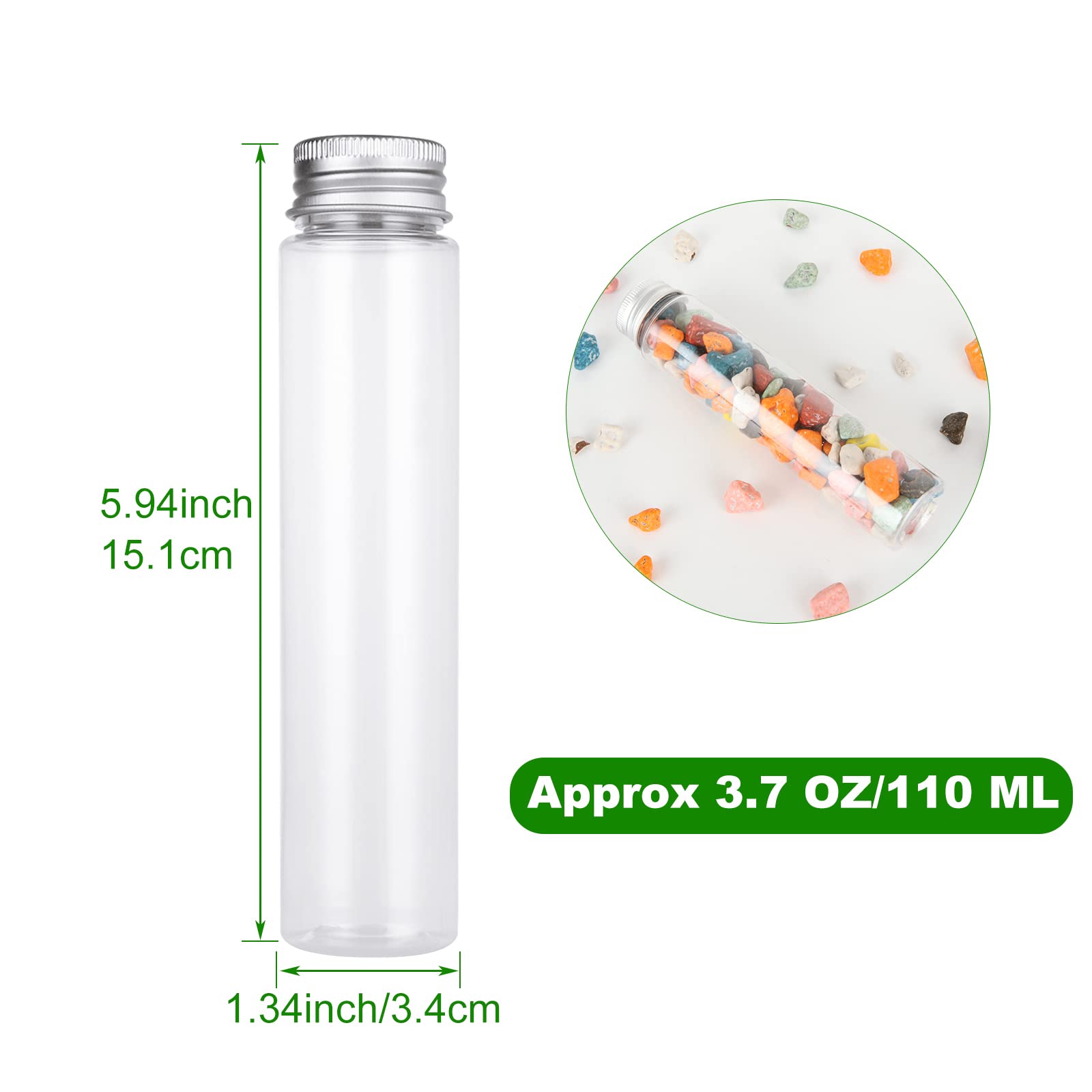 Acrux7 Tubo de ensayo de plástico plano transparente con tapones de rosca de 110 ml, tubo de ensayo transparente de fondo plano para almacenamiento de dulces de sal de baño (151 x 34 mm)