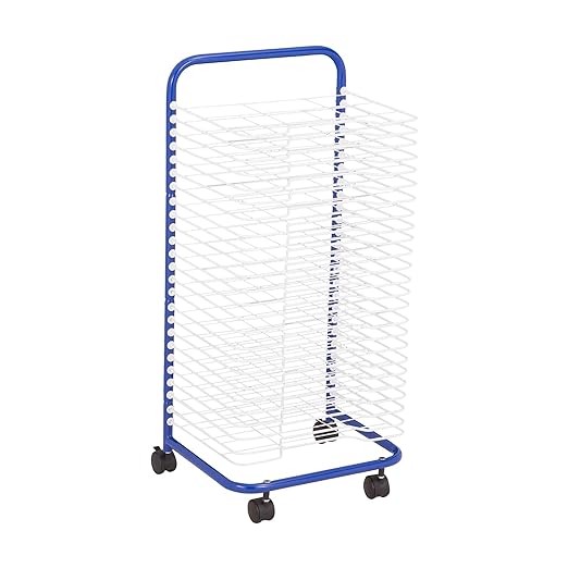 Sprogs 25-Shelf Mobile Art Drying Rack for Classrooms and Art Studios, Heavy-Duty Steel Rolling Art Rack Cart with 25 Shelves, Blue/White