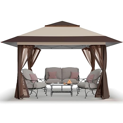 CROWN SHADES 13x13 Pop Up Gazebo, Canopy Tent, Gazebos on Clearance - Outdoor Gazebo for Backyard & Patio Furniture - Carpa Pop Up Tent with Wheeled STO-N-Go Cover Bag (Beige & Coffee)