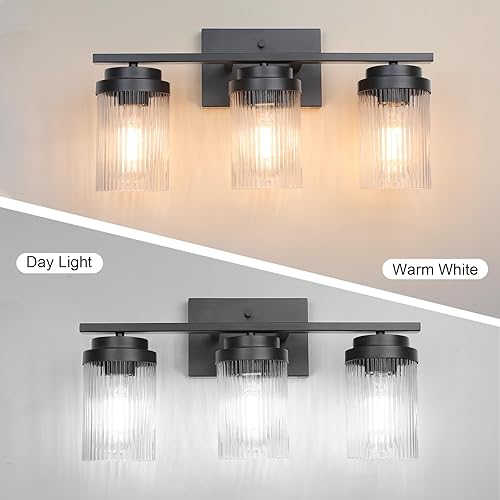 Miniatura 3 de Lámparas de baño negras Lámpara de tocador de baño de 3 luces con pantalla de vidrio ranurado  Luces de tocador para baño  Accesorios de iluminación