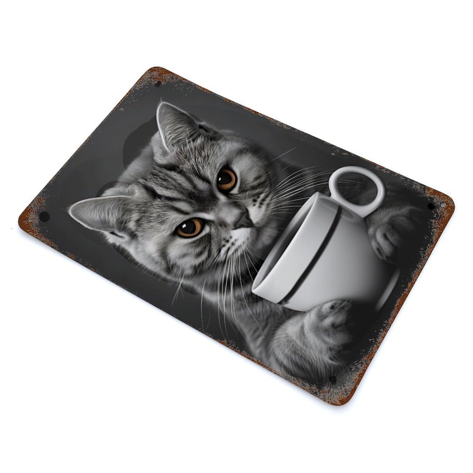 Grey Cat with A Coffee Cup Decorative Tin Sign 11.8"x7.9", Retro Wall Decor for Living Room, Hallway And Home Decor