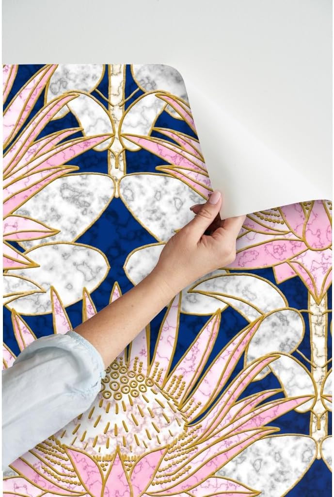 Peel & Stick Wallpaper 6ft x 2ft - Art Deco, Blush, Protea, Glam, Pink, Navy, Gold, Marble Look, 1920S, Hollywood, Blue, Large Scale, Custom Removable Wallpaper by Spoonflower