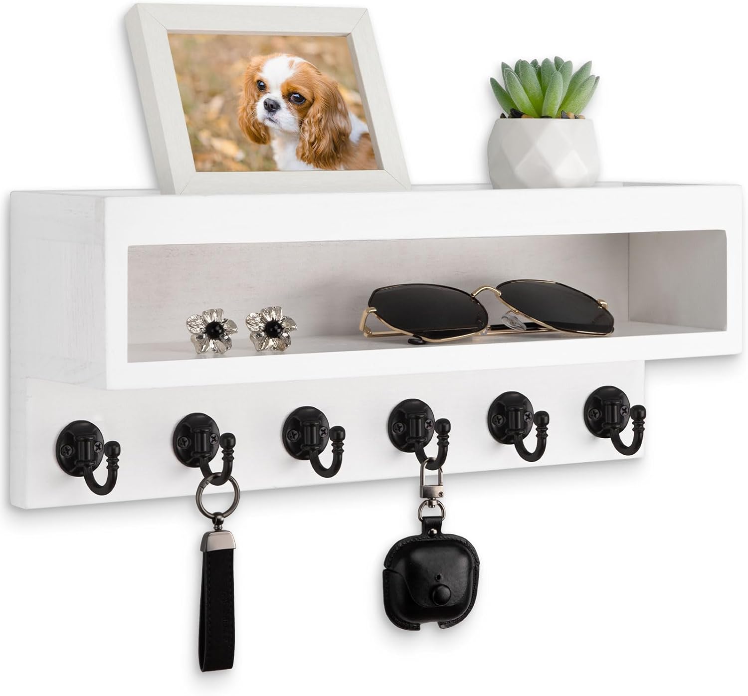 Key and Mail Holder Wall Mount, Key Hanger with Long Storage Box and 6 Hooks for Coat, Dog Leash, Home Decor Rack, House Accessories, Entry Way Organizer (Brown)