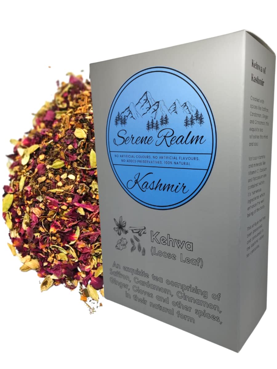 Serene Realm | Kashmiri Kahwa Green Tea | 100gm | 50 Cups | The best Kashmiri Kahwa Experience | Re-vitalize your senses | 100% Natural