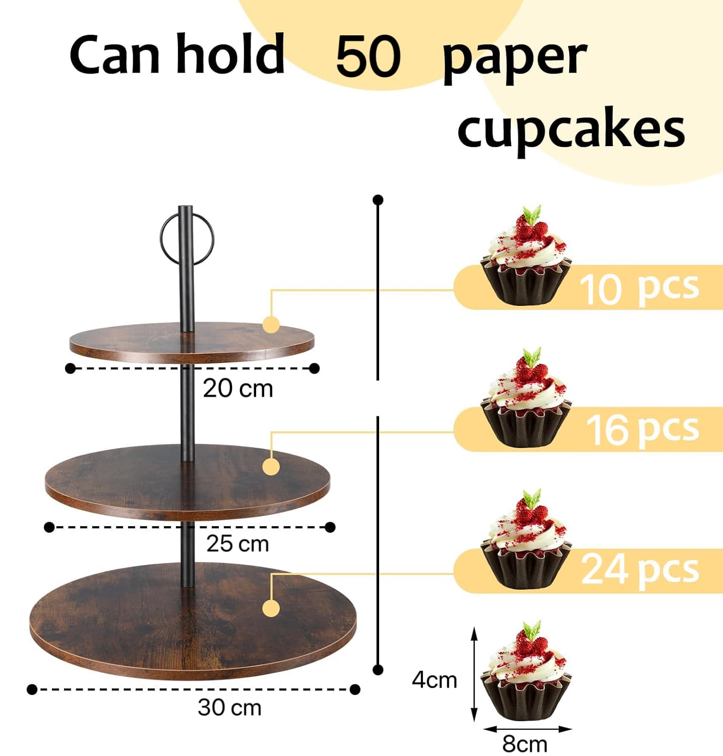 3 Livelli Alzata per Cupcake,Torre per cupcake in legno, Set di 2, per muffin, albero da dessert per Natale, compleanno, festa a casa, matrimonio