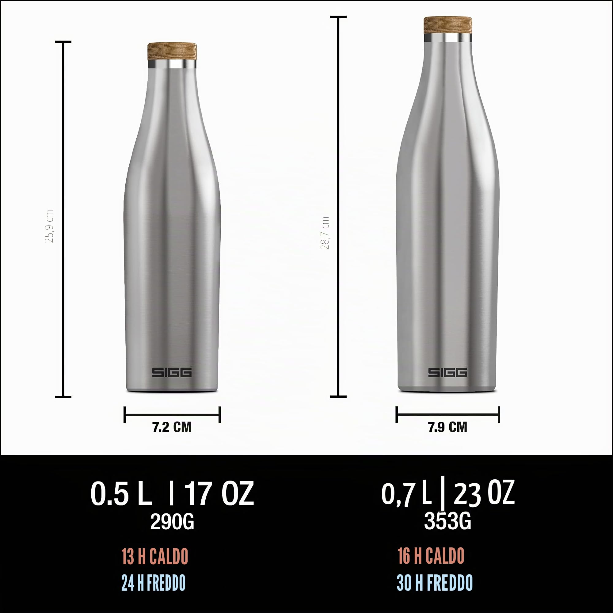 Sigg - Borraccia Termica - Meridian - Ermetica - Extra Slim - Senza BPA E Plastiche - Doppia Parete in Acciaio Inox 18/8 - Tappo A Vite in bambù - 0,5L / 0,7L