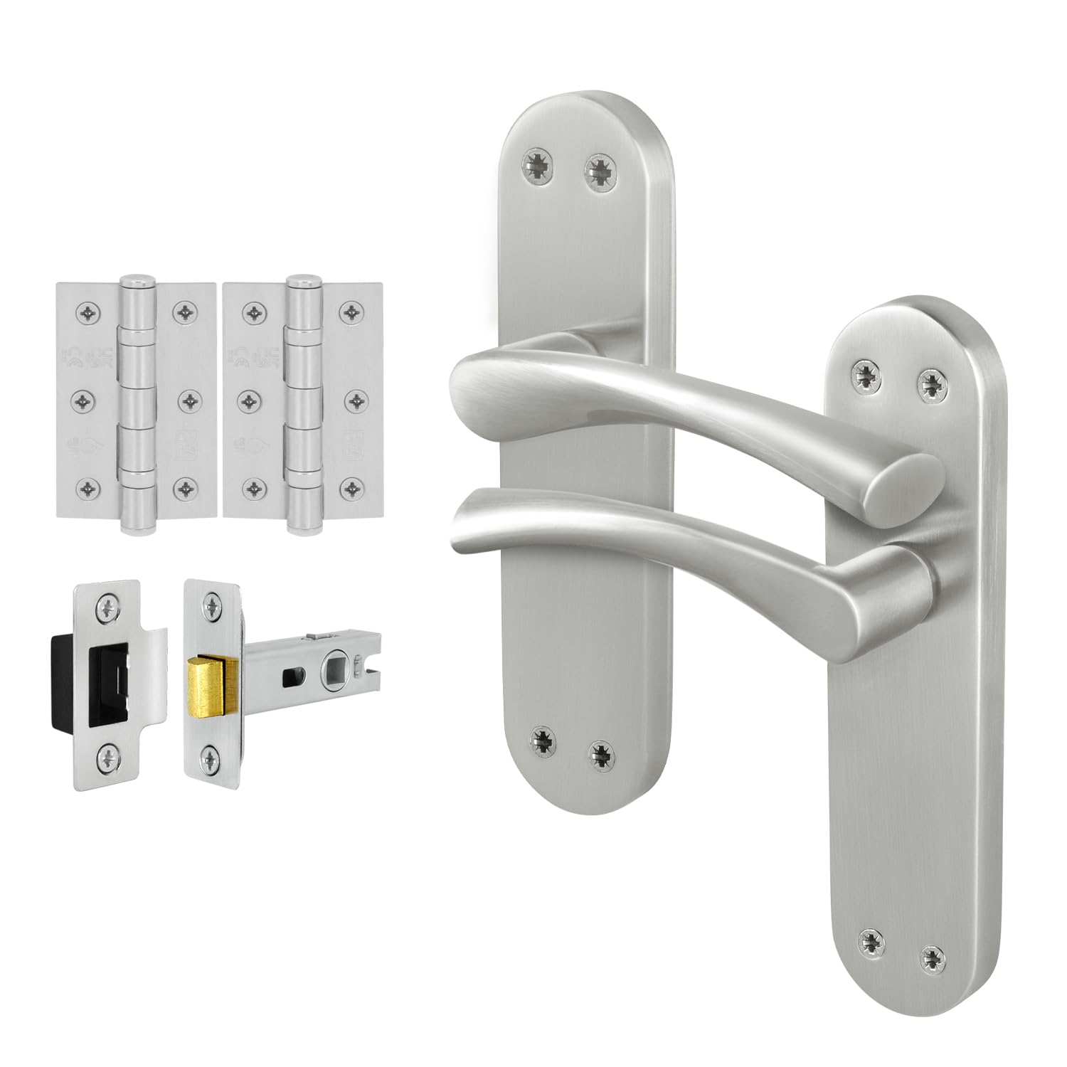 EAI Satin Door Handle Latch Set, 1 Pair Satin Nickel Internal T-Bar Handles, Hinges 76mm Latches 64mm - Novoli