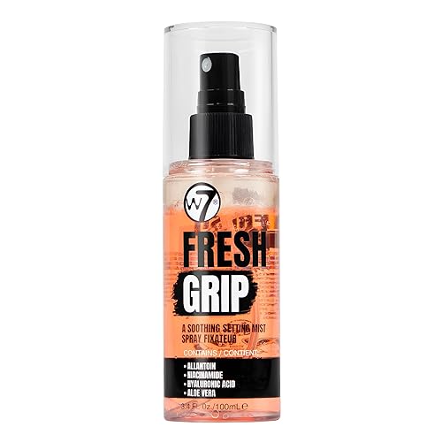 W7 Fresh Grip - Spray calmante para fijar, fórmula bifásica hidratante con ácido hialurónico y vitamina E para una sujeción de maquillaje duradera,