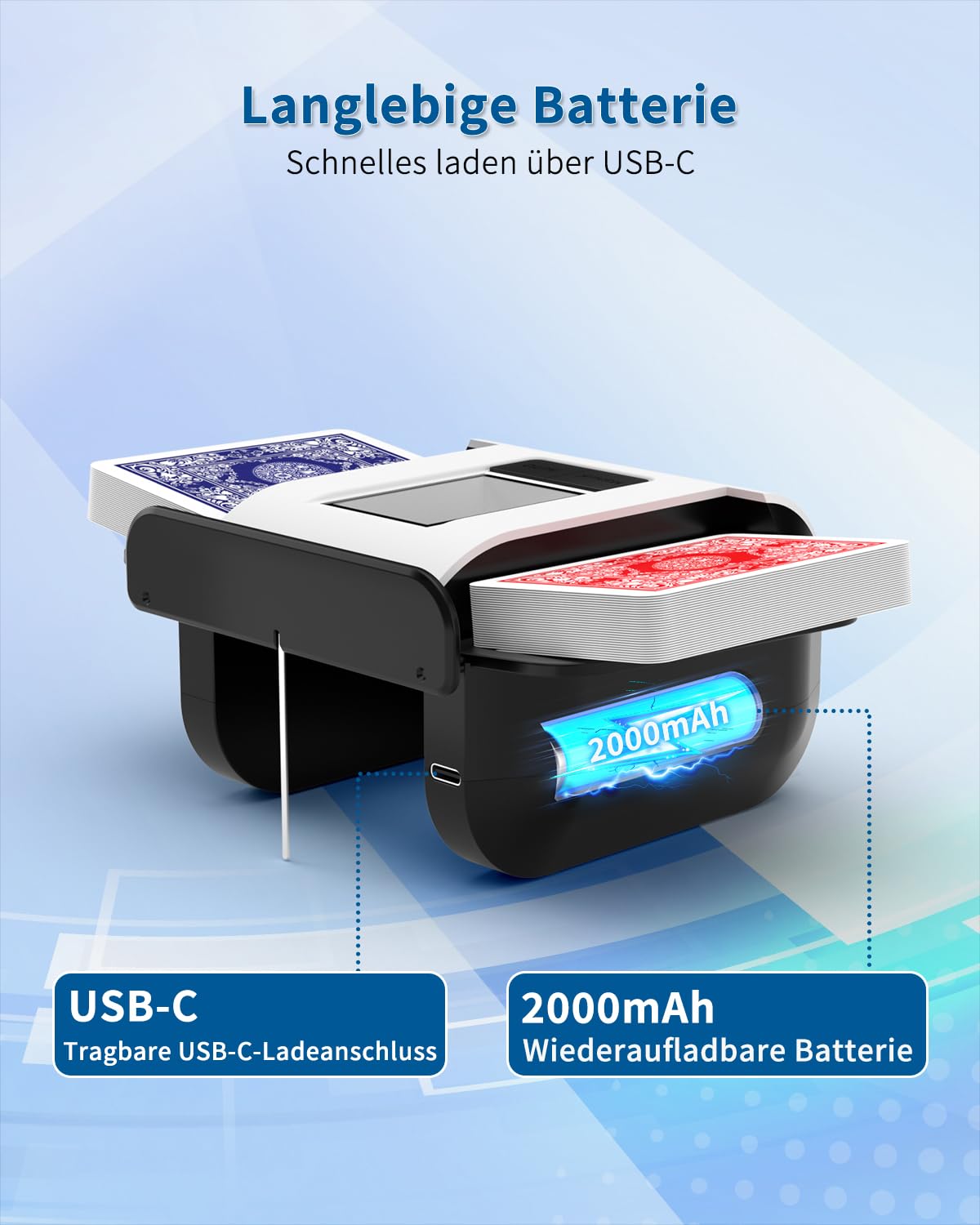 Kartenmischmaschine, Automatischer Kartenmischer für 1–2 Decks, Elektrische Mischmaschine Karten mit 2000mAh Wiederaufladbarer, Geräuscharm kartenmischgerät für UNO Skip Bo Kartenspiel Poker Phase10