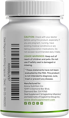Miniatura 8 de Glicinato de magnesio 400 mg, 300 cápsulas | 100% quelado para una fácil absorción | Suplemento mineral esencial para la salud muscular, el sueño y