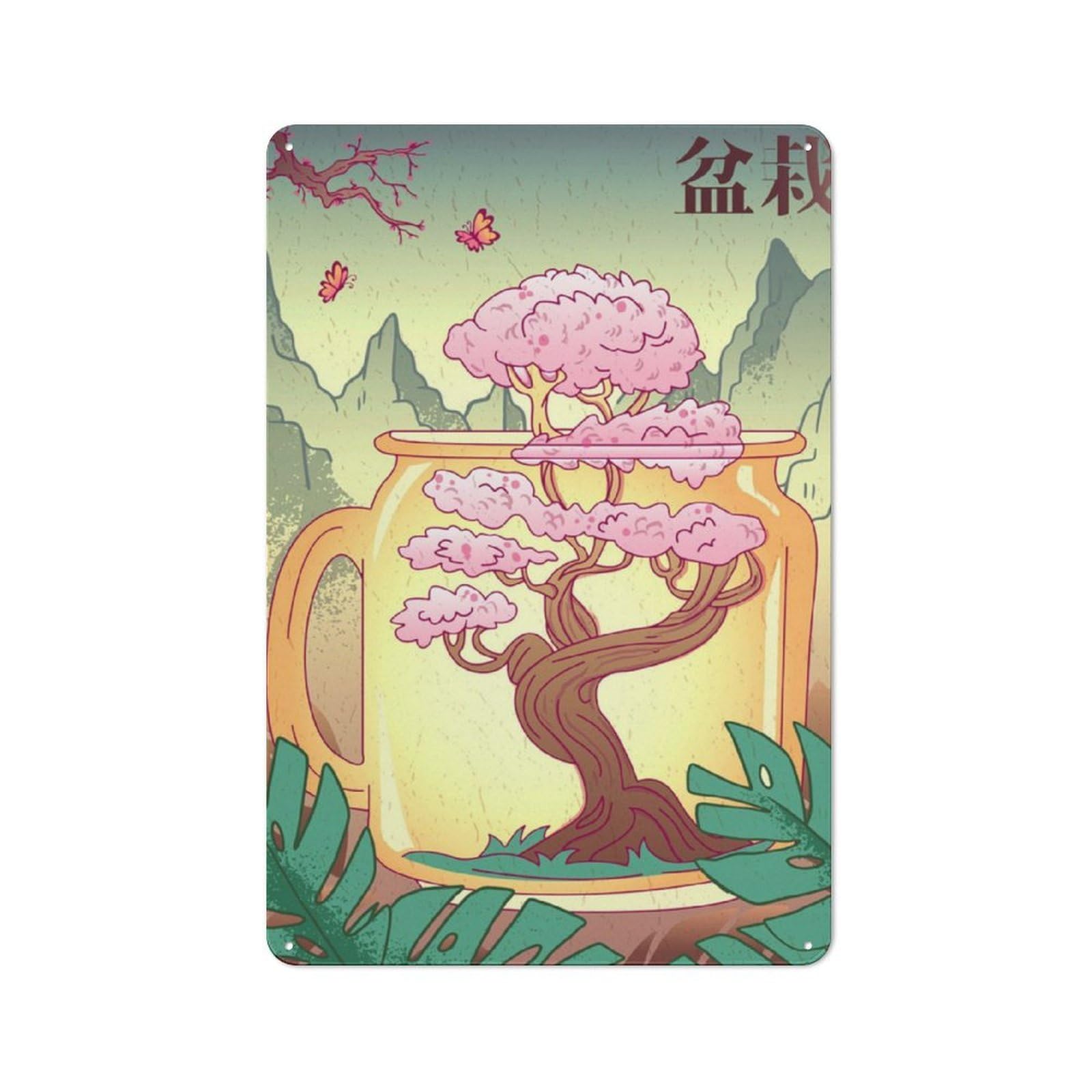 Junmoney Japanese Bonsai Fuji Ace Vintage Tin Wall Plaque 30X20cm For Café Or Restaurant, A Decorative Christmas Gift For Café Owners And Decorators