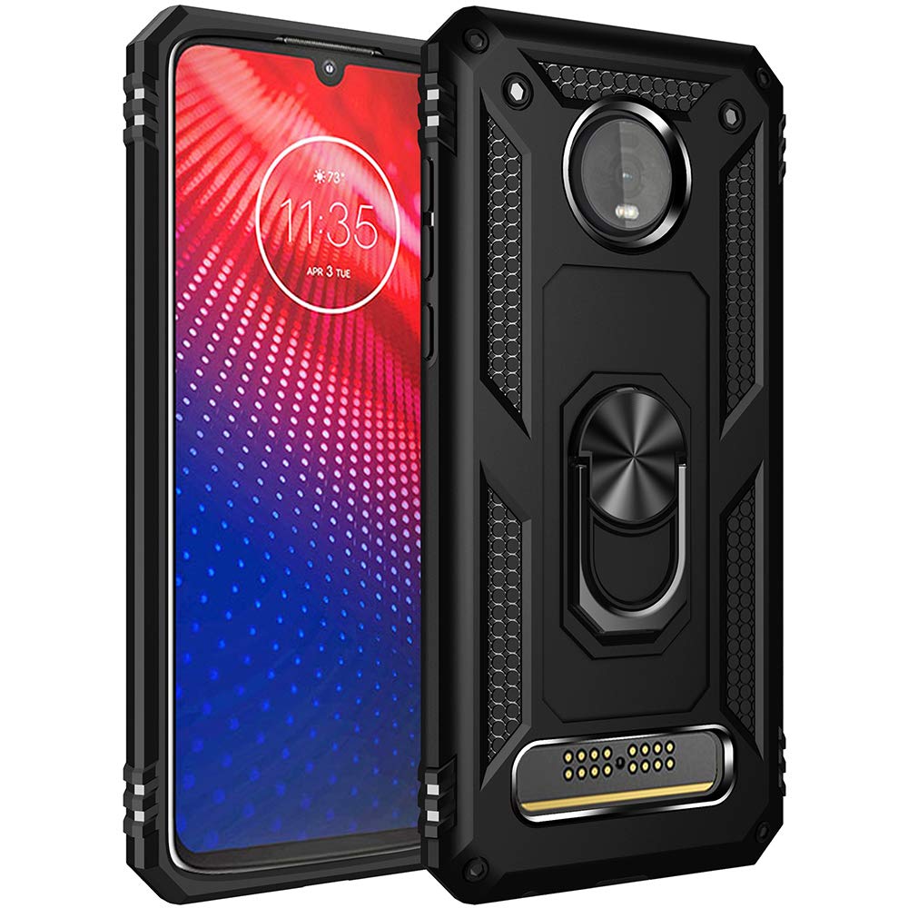 Dionsibei Military Grade Drop Impact for Motorola Moto Z4 Case,Moto Z4 Play Case 360 Metal Rotating Ring Kickstand Holder Magnetic Car Mount Armor Heavy Duty Cover Z4 Z4 Play Z4 Force Phone Case