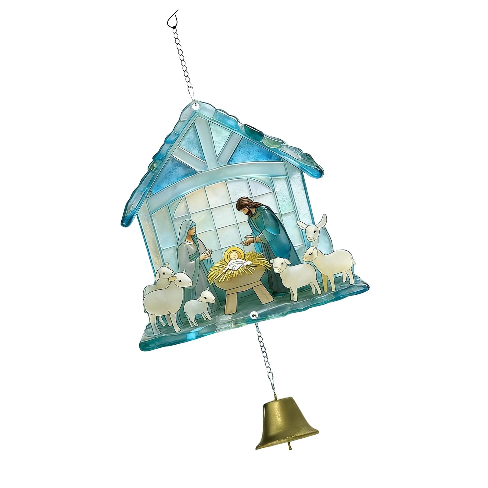 2D Acrylic Nativity Scene Hanging Ornament with Metal Bells Christmas Wind Chimes Religious Spiritual Decoration Wall Hanging Ornament