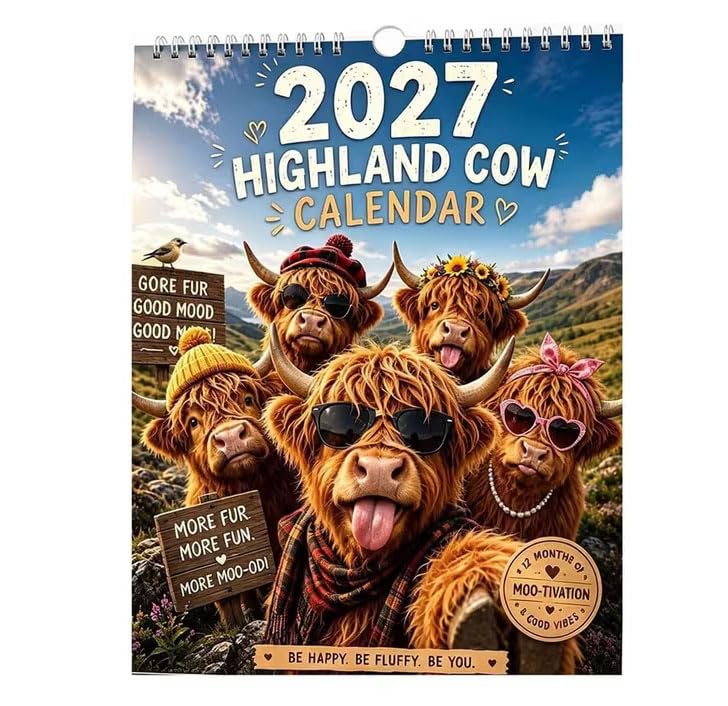 2027 Funny Highland Cow Wall Calendar - 12-Month Farmhouse Decor with Adorable Scottish Cow Photos Suitable for Home, Office, Kitchen