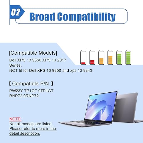Miniatura 3 de Dentsing PW23Y - Batería para portátil compatible con Dell XPS 13 9360 P54G002 13-9360-D1605G 13-9360-D1605T 13-9360-D1609 13-9360-D1609G