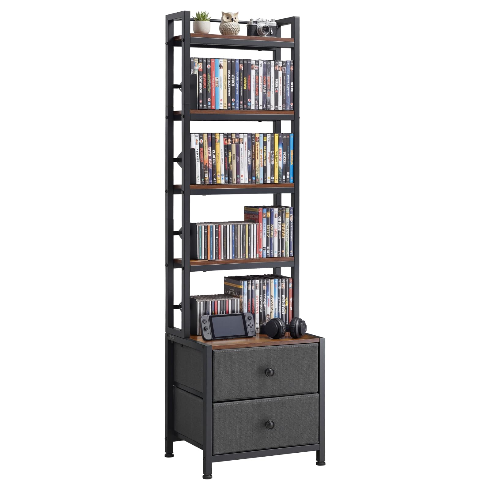 VEVOR Scaffale per CD DVD 4 Ripiani 2 Cassetti Scaffale Multimediale Autoportante 400 x 300 x1435 mm Supporto Porta CD DVD Libri Dischi Giochi Salvaspazio da Soggiorno Ufficio Libreria, Nero