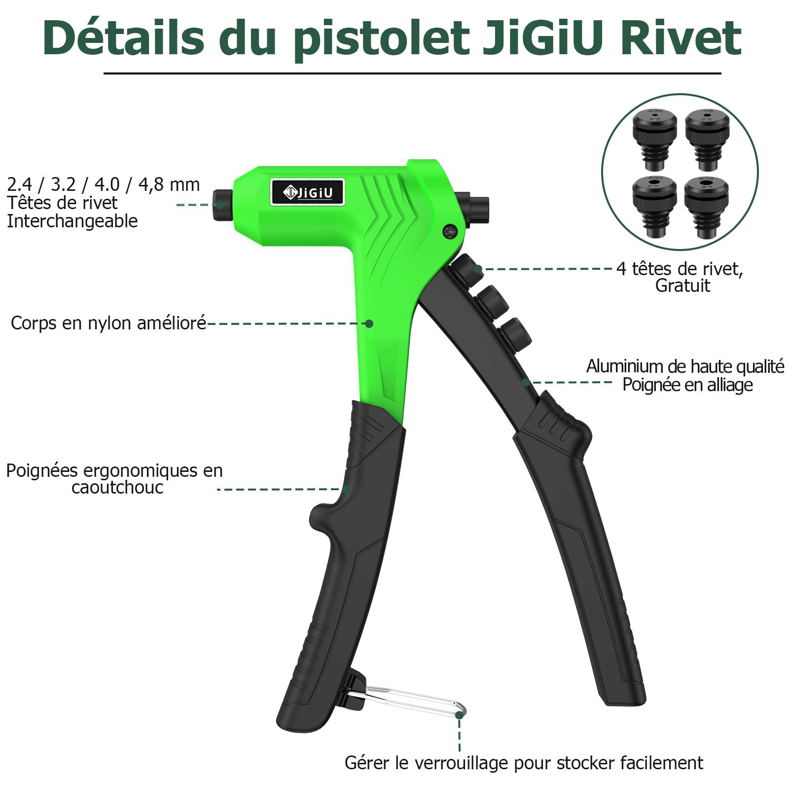 JiGiU Pistolet à Rivets avec 200 Rivets, Kit de Pistolet à Rivets à Main, Outil de Rivetage Manuel Professionnel avec 4 Embouts Interchangeables Sans Outil, Design de Poignée Ergonomique