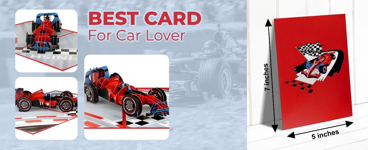 iGifts And Cards Racecar - Tarjeta de felicitación 3D desplegable – Fórmula 1, coche deportivo rojo F1, regalo de cumpleaños genial para papá, día del padre, fanáticos de las carreras, 5 x 7 pulgadas