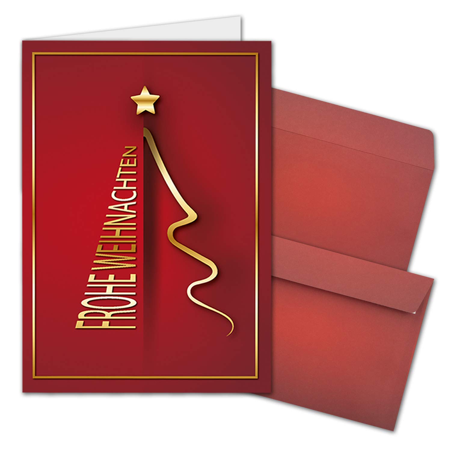Lot de 200 cartes de Noël DIN A6 en rouge avec motif arbre de Noël doré - Cartes pliantes avec enveloppes assorties - Moderne - Cartes de vœux de Noël pour les entreprises et les particuliers.