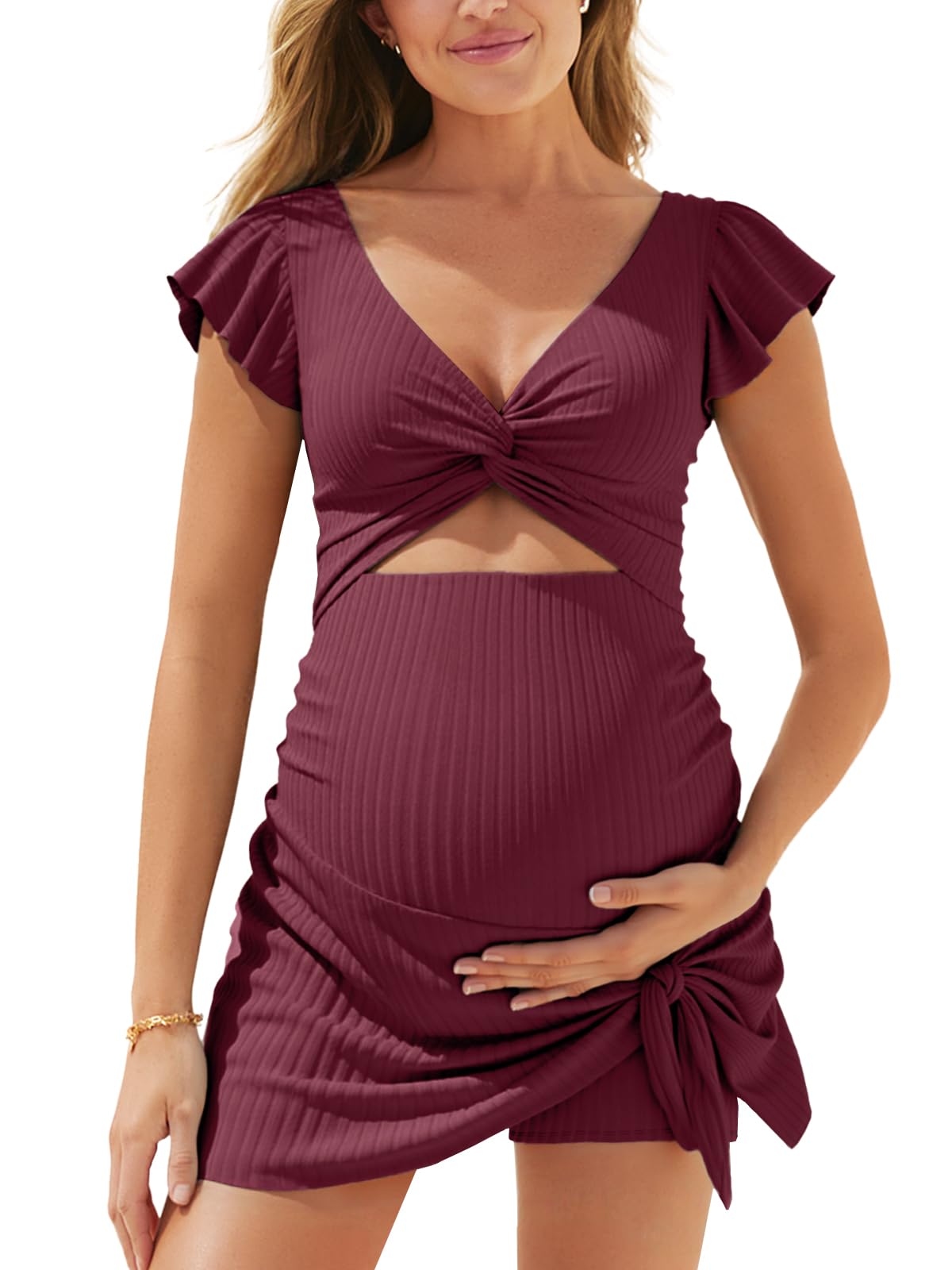 Summer Mae Traje de baño acanalado de una pieza para maternidad, traje de baño recortado con bolsillo integrado, falda corta con nudo anudado