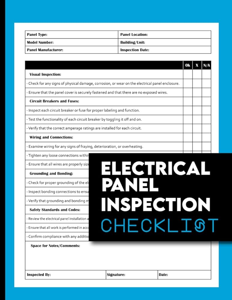Electrical Panel Inspection Checklist: Organized Reporting for Circuit Breaker and Distribution Board Assessments | Electrical safety inspection Log book | 100 pages 8.5 x 11 inches.: NA, JAMIA: Amazon.com: Books electrical-panel-inspection-checklist-organized-reporting-for-circuit-breaker-and-distribution-board-assessments-electrical-safety-inspection-log-book-100-pages-8-5-x-11-inches-na-jamia-amazon-com-books