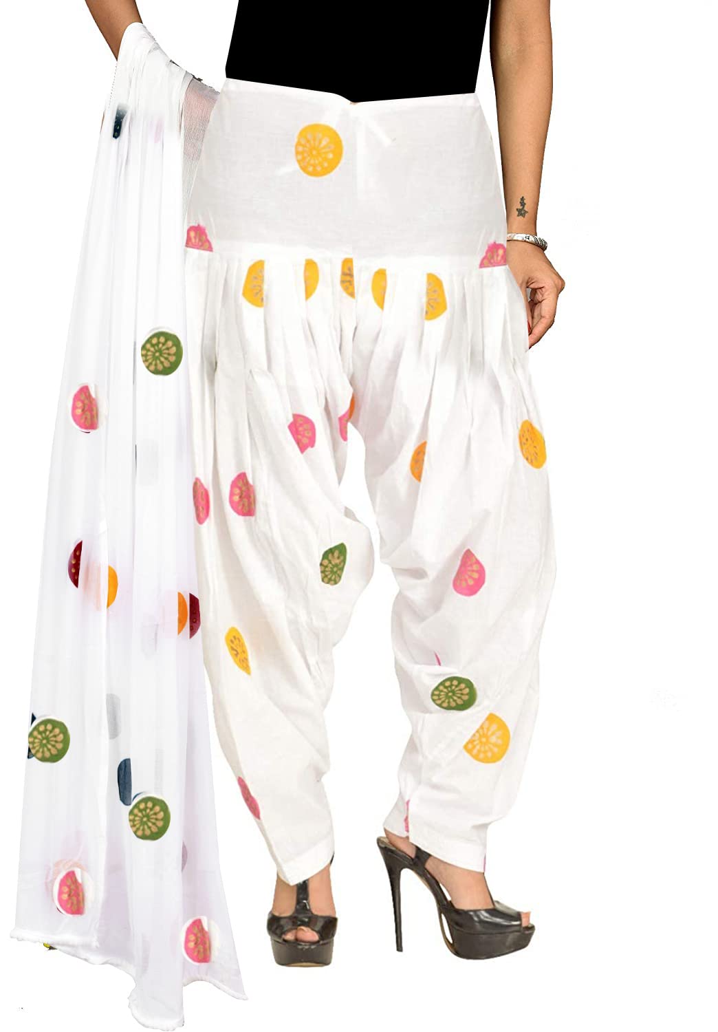 vrnda white hanblock gola with mutli colour print patiyala salwar with dupatta set-picture-19