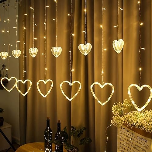 Decoración para el día de San Valentín cortina de luz 138 LED 12 corazones cadena de luces colgantes en forma de corazón batería impermeable tira de