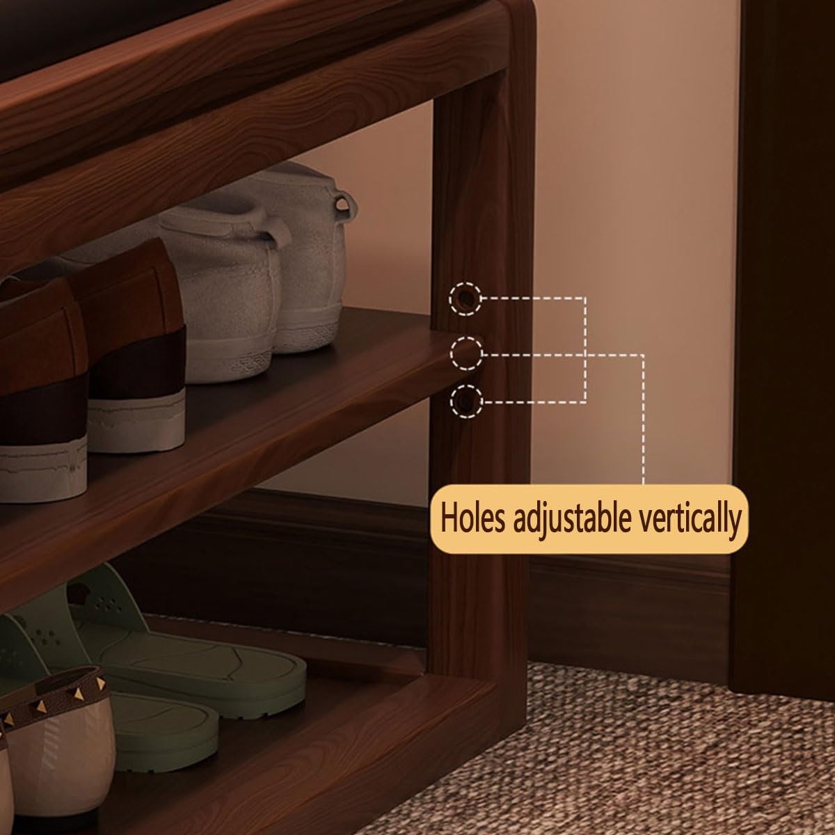 Banco Zapatero de Madera Maciza de 2 Niveles, Banco de Entrada con Almacenamiento y cojín de Piel sintética, para Sala de Estar, Pasillo, Dormitorio, baño (Negro, 80 cm/31,50 Pulgadas)