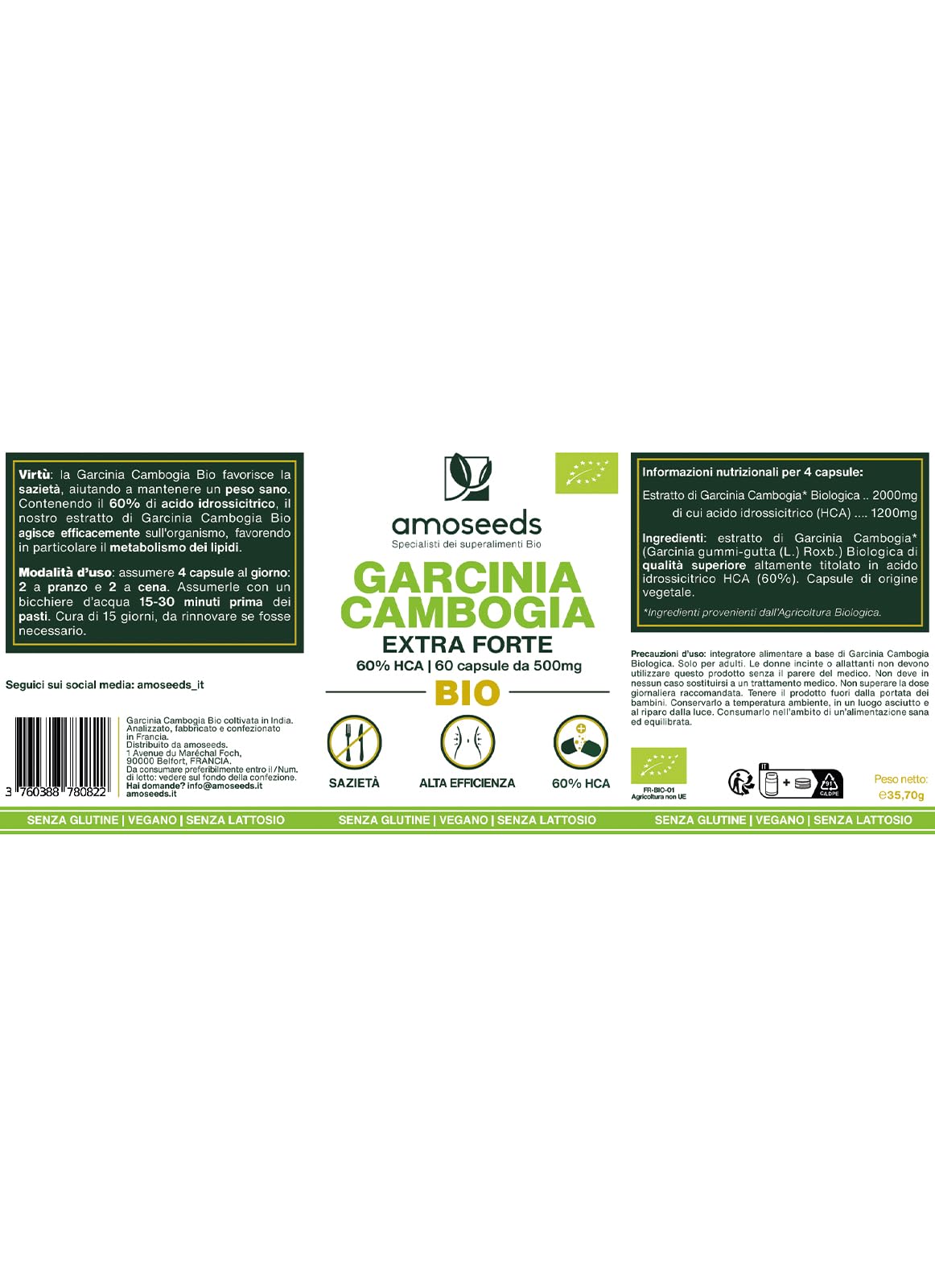 Garcinia Cambogia BIO | Rapida azione ed Efficiente | Alta concentrazione, 60% HCA | 2000mg / giorno | Sazietà | Qualità Superiore
