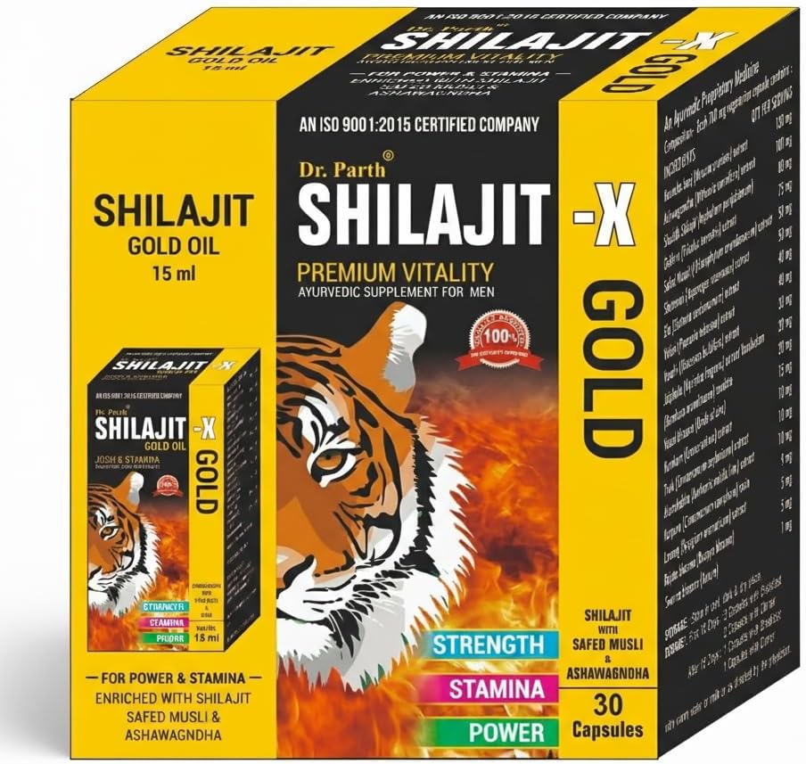 Dr. Parth Shilajit-X Gold Capsules for Men | Ayurvedic Herbal Supplement with Shilajit, Safed Musli & Ashwagandha | Daily Wellness & Vitality Support | 30 Capsules & 15ml oil