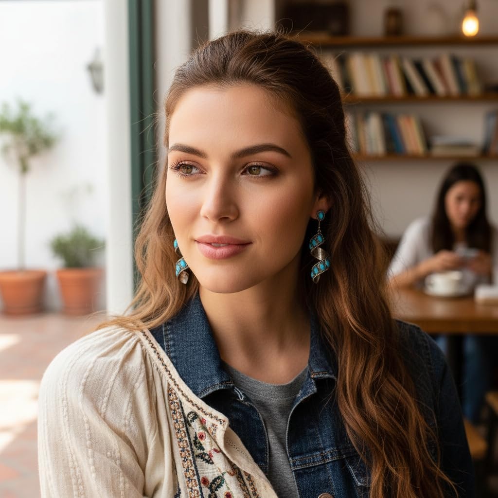 Boho Turquoise Spiral Dangle Earrings For Women，Handmade Spiral pendant Silver Earrings with Turquoise for Daily Wear - Image 4