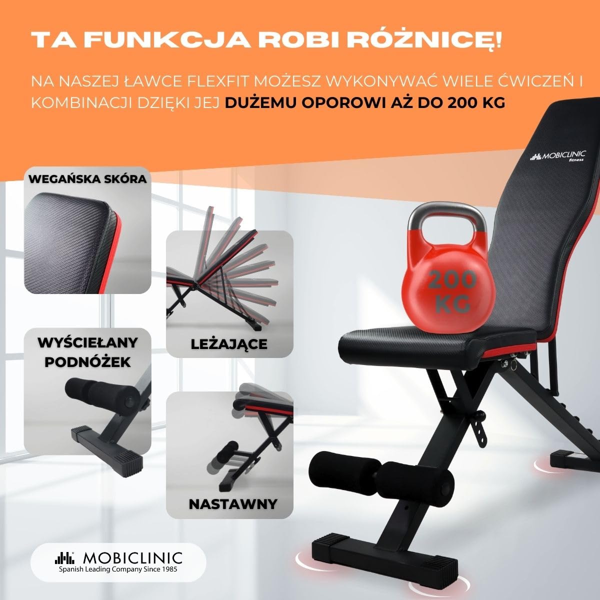 Mobiclinic® fitness, Ławka treningowa, Składana, Udźwig 200 kg, Regulowane siedzisko i oparcie, Flexfit, Wielofunkcyjna, Trening całego ciał, Mocna stabilna, Domowa łownia