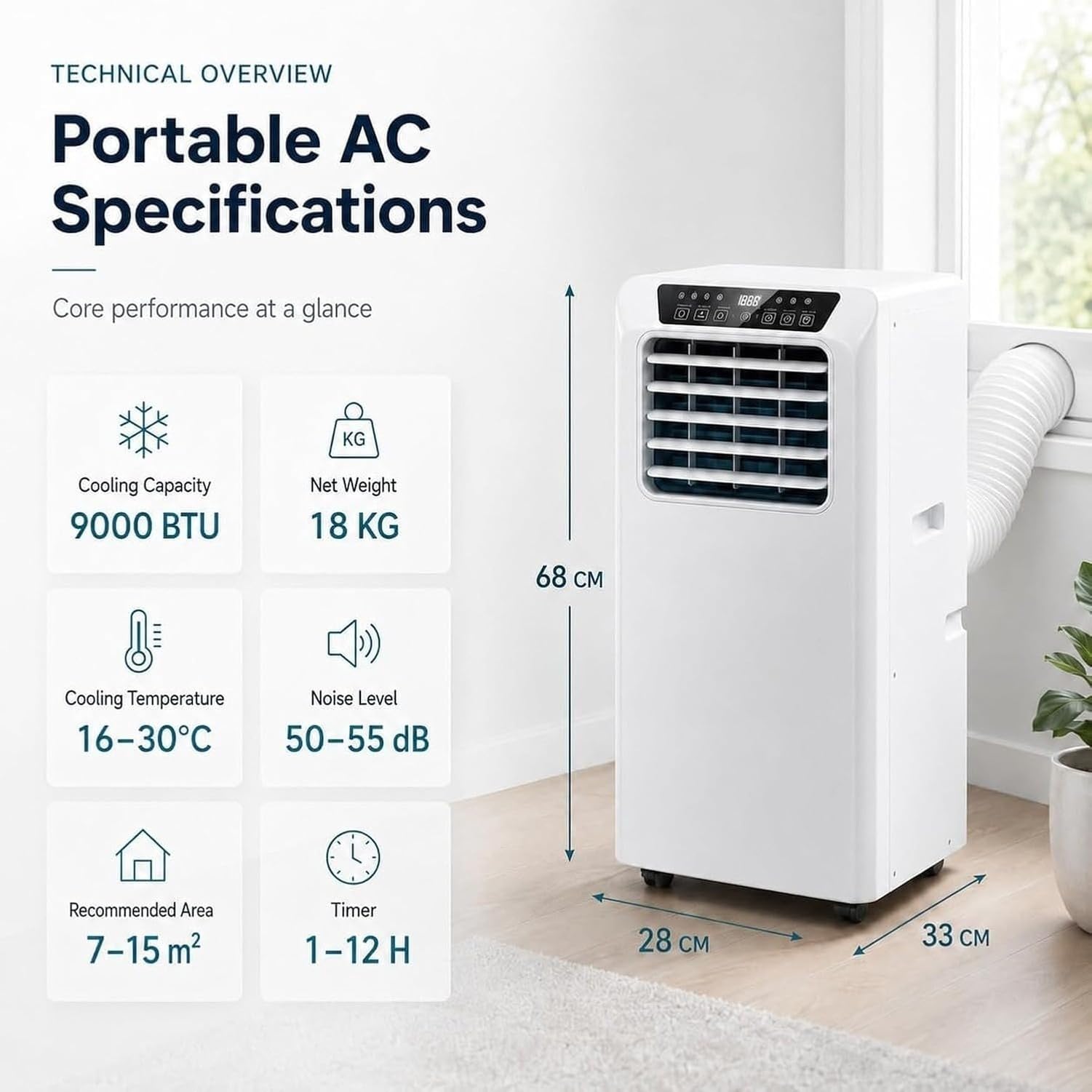 Tragbare Klimaanlage 9000 BTU mit Fernbedienung und Timer 24 h, Lüfter mit Luftentfeuchter 7000 BTU, 3-in-1-Einheit mit LED-Touch-Panel und Rollen, 9000 BTU, 9000 BTU