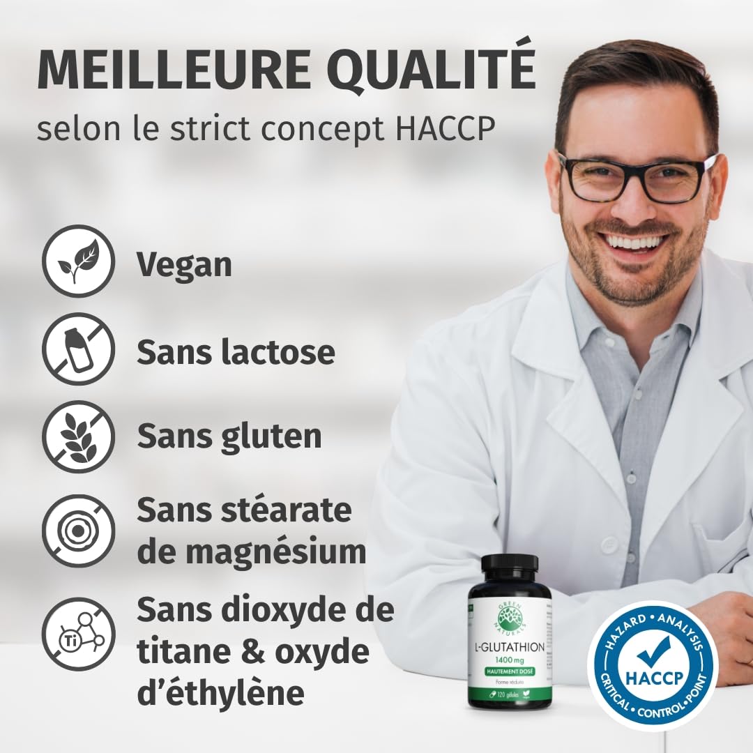 Green Naturals L-Glutathion réduit 1 400 mg par jour – 120 gélules | Issu de fermentation · Vegan · Sans additifs · Cure de 60 jours