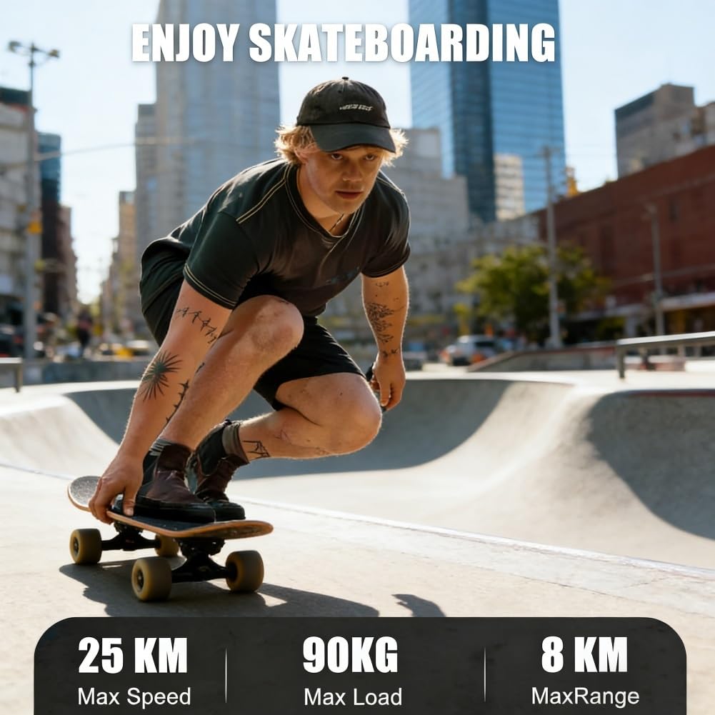 Longboard Elettrico con Telecomando e Display Intelligenti, Velocità Massima 25km/h e Autonomia 15km, Regolazione 4 Velocità per Adulti, Tavola in Stile Skate Elettrico che Supporta(8Km,Standard)
