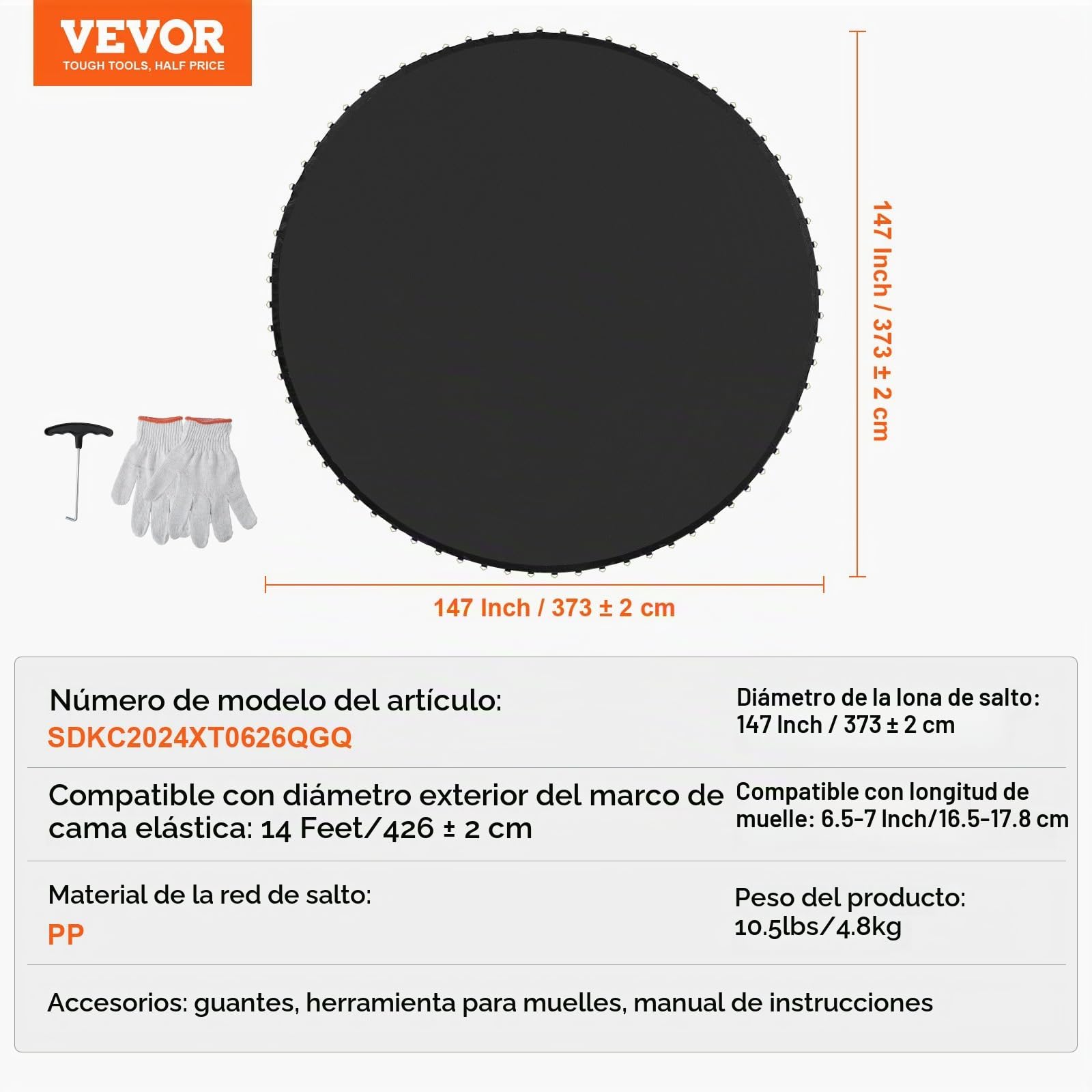 VEVOR Colchoneta de Repuesto para Trampolín, Se Adapta a Un Marco de 426 cm, Resistente a los Rayos UV con Herramienta de Resorte y Anillos en V Duraderos, Se Adapta a Resortes 16,5-17,8 cm de Largo