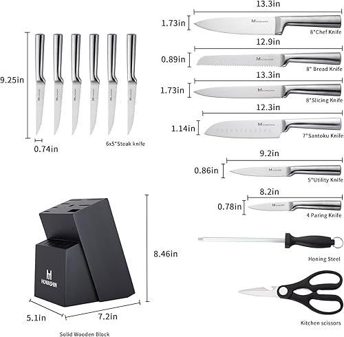 Miniatura 2 de Juego de cuchillos de acero inoxidable con bloque de 15 piezas de cuchillos de cocina de acero japonés, juego de cuchillas ultra afiladas con acero