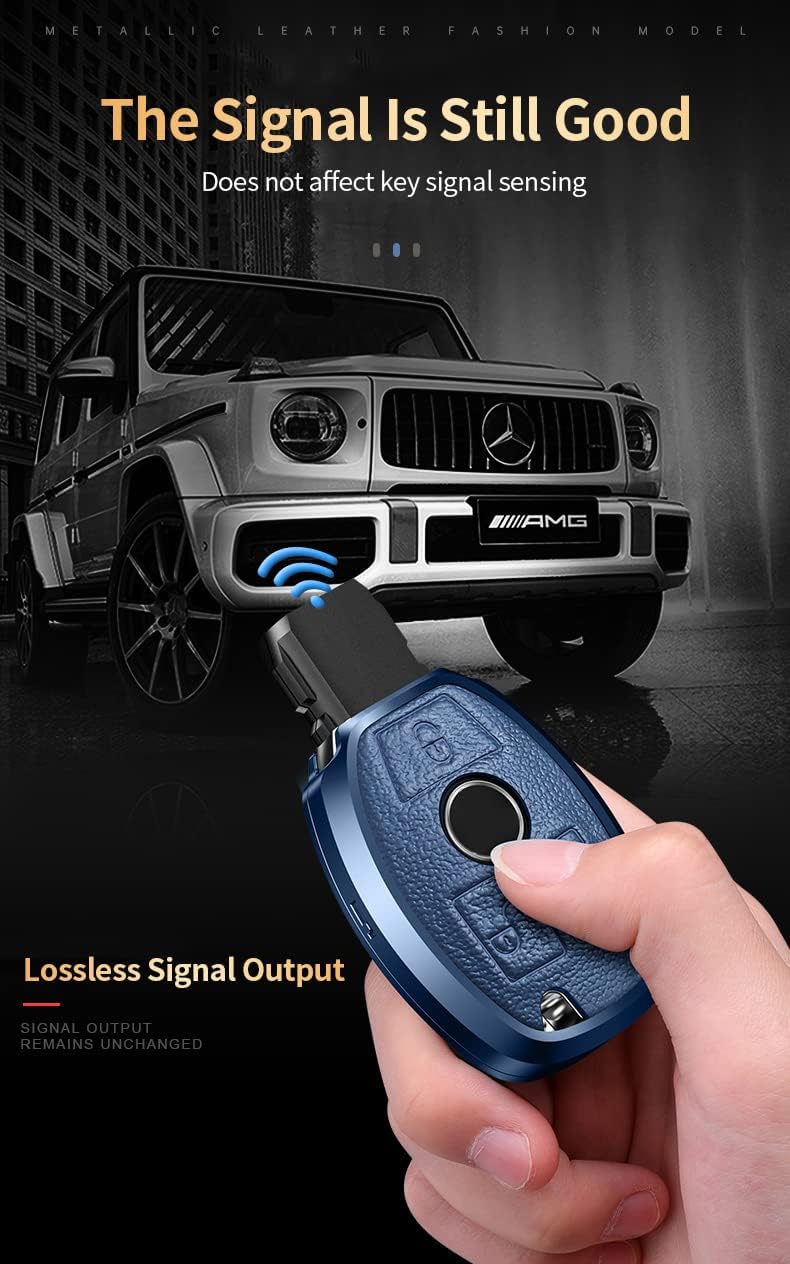 HIBEYO For Mercedes Benz Key Fob Cover Metal Leather Key Case For Mercedes S C E M SL SLS CLK G SLK CLS W203 class Keyless Full Protection Smart remote Key Fob Shell keychain Auto Accessories-White