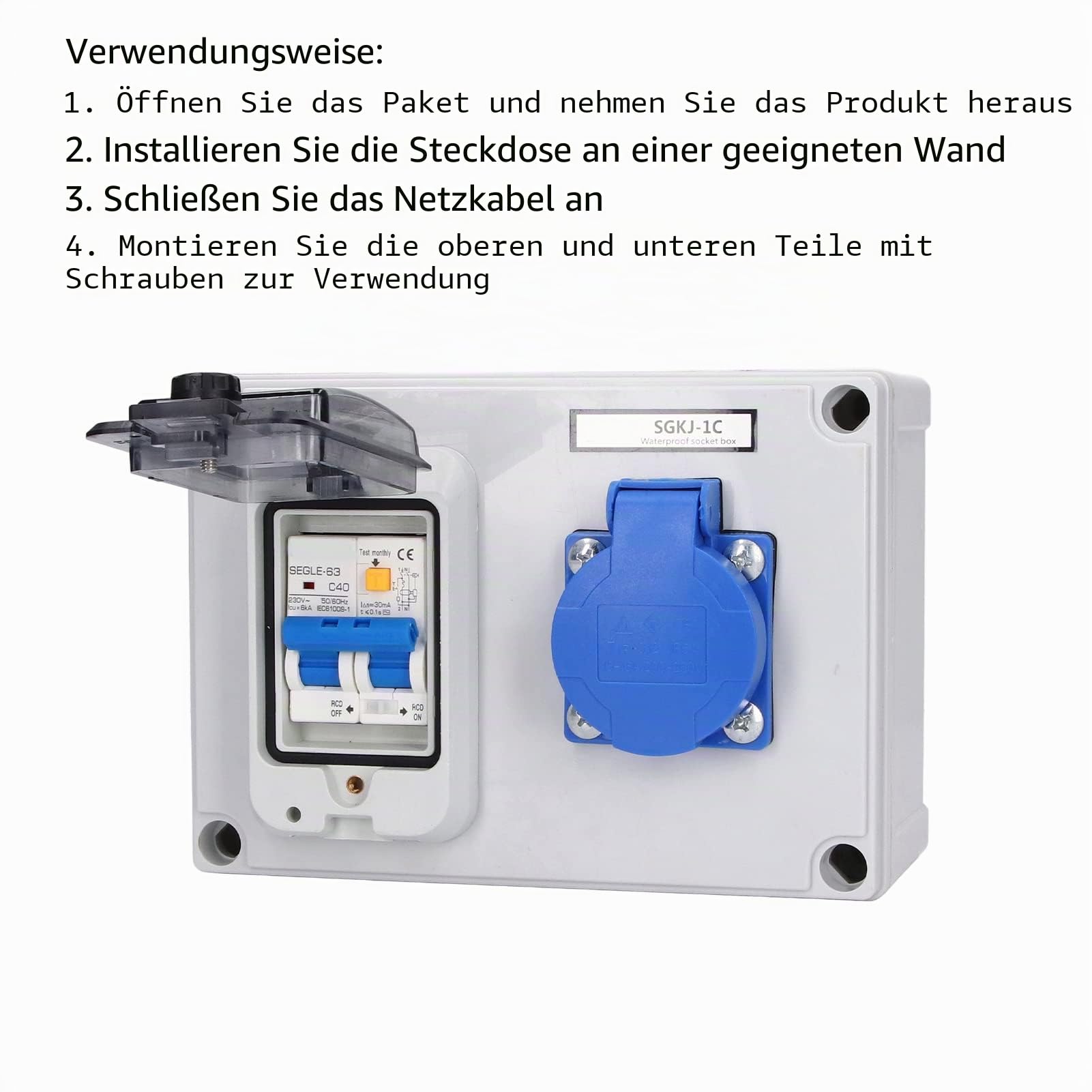 ABS Steckdose 200-250V 10-16A IP54 Wasserdicht mit RCD-Schutzschalter für Innen- und Außenbereiche
