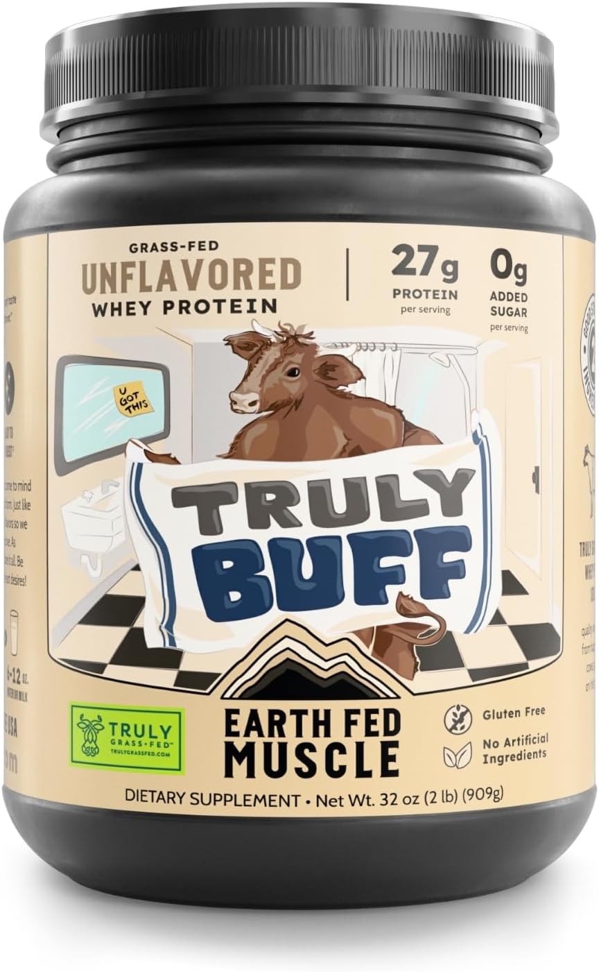 Earth Fed Muscle Truly Buff Truly Grass Fed Whey Protein Isolate - No Artificial Ingredients, Soy Free, Gluten Free, Non-GMO and Hormone Free (2 Pound, 30 Servings, Unflavored)