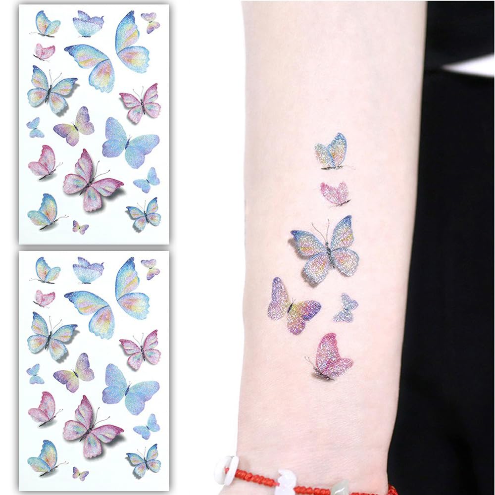 S.A.V.I 2PCS Glittery Butterfly Temporary Tattoo Stickers – Multicolor Shimmer Waterproof Body Art Sheets (12cm x 7.5cm) – Kids & Adults Tattoos for Parties, Festivals, & Fashion Accessories-image-24