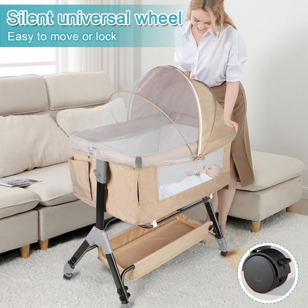 Kedia - Cuna de bebé con mosquitera, cama para bebé y cama de viaje con ruedas, cunas de ajuste de altura, cunas de cododo (104 x 52 x 103 – 115 cm), color beige blanco