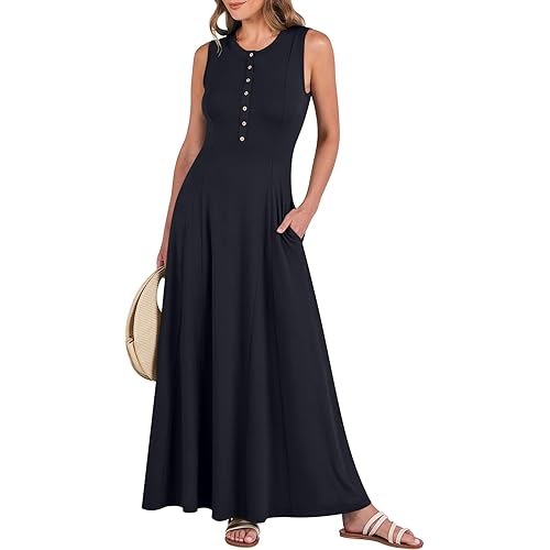 ANRABESS Women Summer Casual Sleeveless Maxi Sundress Button Fit & Flare A-Line Flowy Long Dresses 2024 Beach Outfits