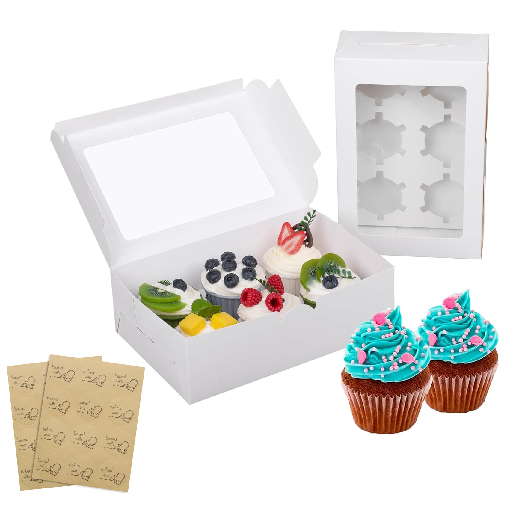 LONGTEAM 24-Set White Cupcake Boxes 6 Holes, Rectangle Cup Cake Boxes with Clear Window, Suitable for Home Baking, Party, Wedding, Christmas, Cake Shop, Picnic (White-24 Pack, 6 Holes)