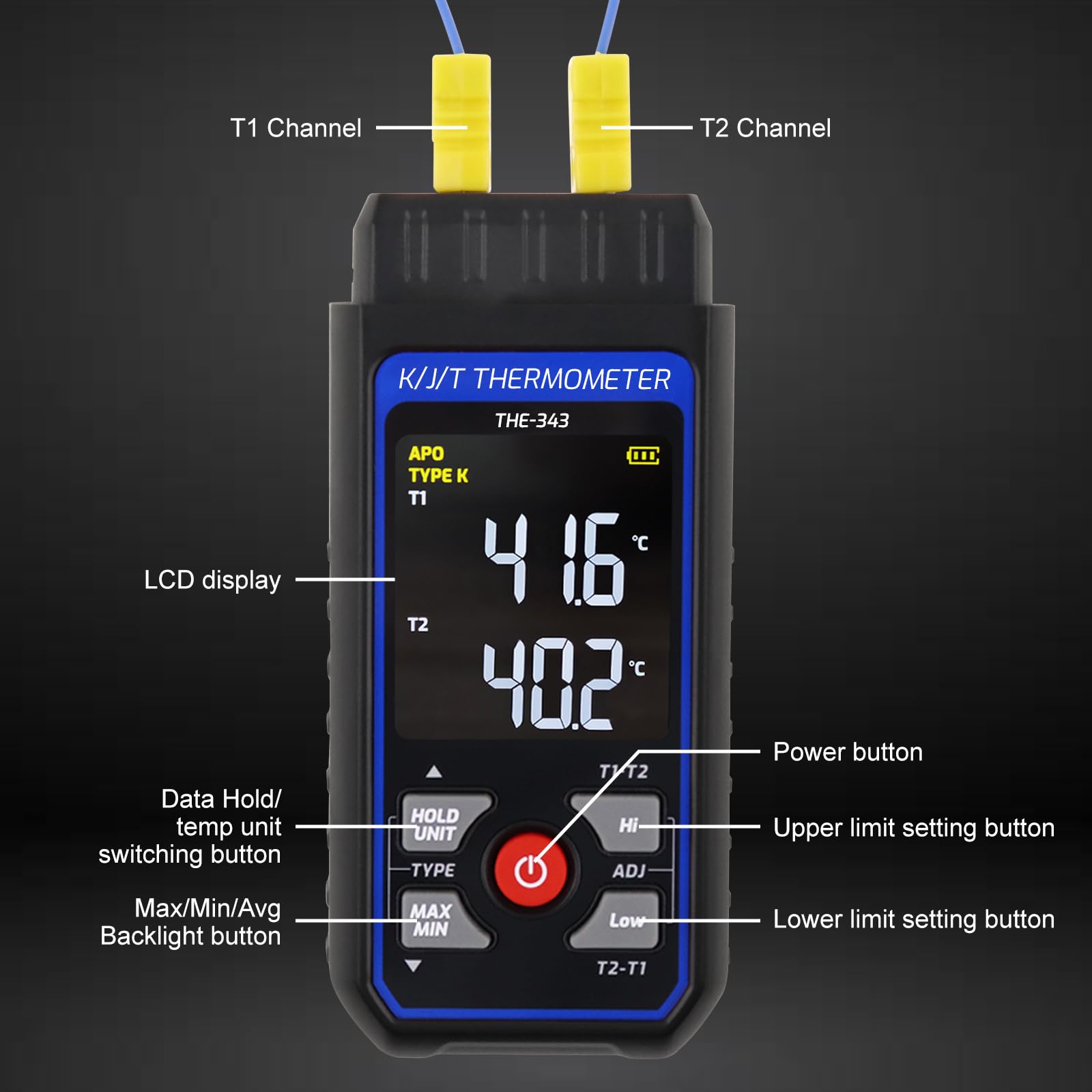 Thermomètre Numérique à Thermocouple pour CVC avec 2 Pinces Thermométriques et 2 Sondes à Thermocouple Filaires, Double Canal avec Alarme et Compensation ADJ (-328~2500 ℉)