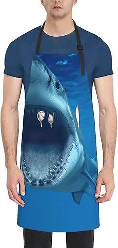 DEHIWI Great White Shark Apron Women Men Waterproof Adjustable Chef Aprons Bibs For Cooking Baking Gardening With Pockets