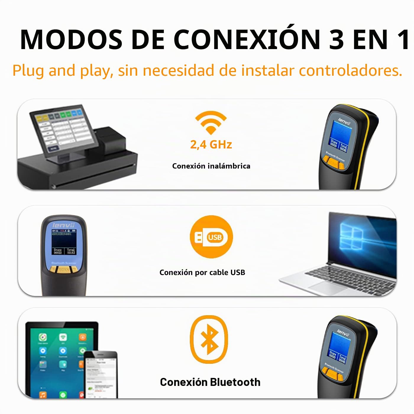 LENVII Portátil Bluetooth Escáner de código de Barras 2D – con Pantalla | 3 en 1 Inalámbrico QR Lector de código de Barras, 1200mAh, Compatible con Windows, Mac,Android Lector codigo de Barras(Negro)