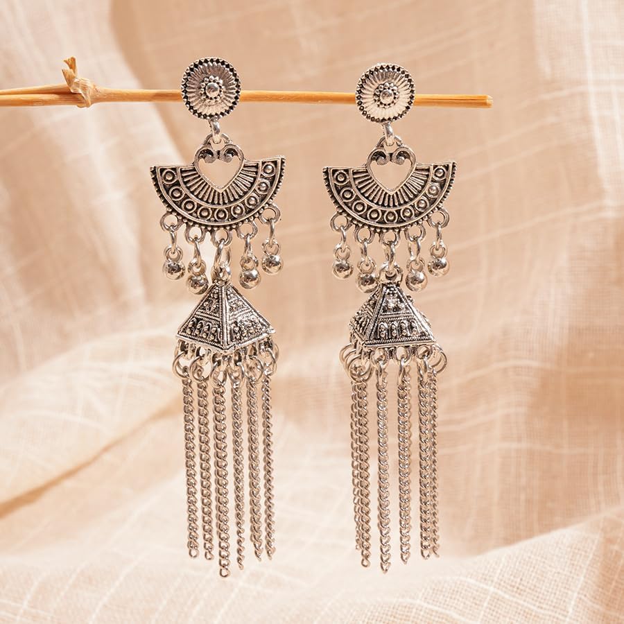 Missgrace Boho Indian Dainty Beads Dangle Teardrop Earrings for Women Vintage Retro Chandelier Earrings Jhumka Jhumki Tassel Studs Traditional Silver Gold-Plated Earrings for Women - Image 3