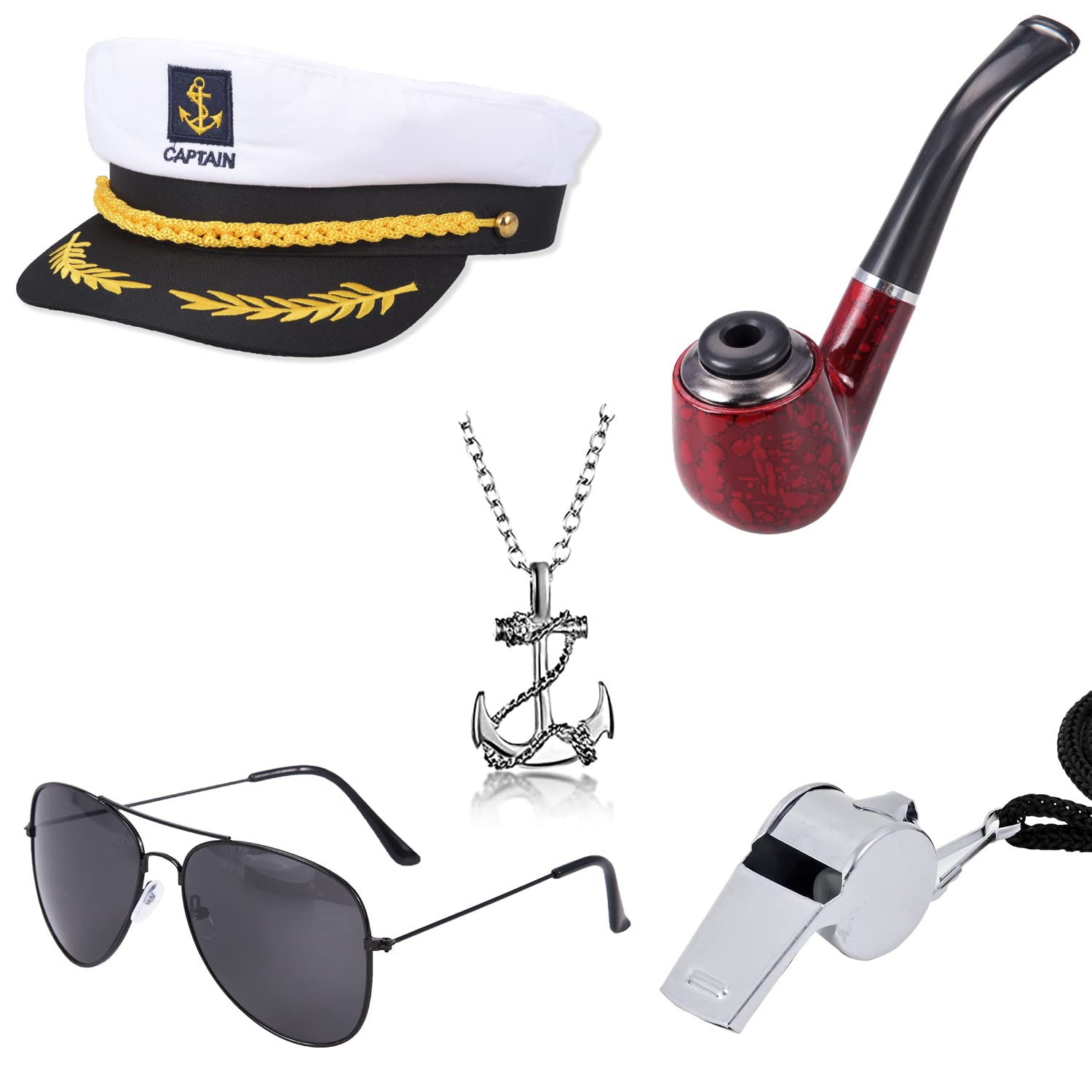 UNVOJL 5 Pieces Captain Costume Accessories Captain Hat Wooden Pipe Necklace Whistle Sunglasses for Halloween Party Captain Dress Up