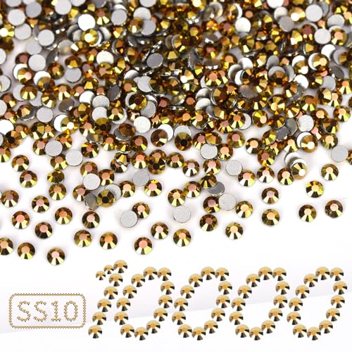 Image of 10000PCS Gold Rhinestones Bulk, Flat Back Crystal Glass Stone Round Gems,SS10, 2.7-2.9mm